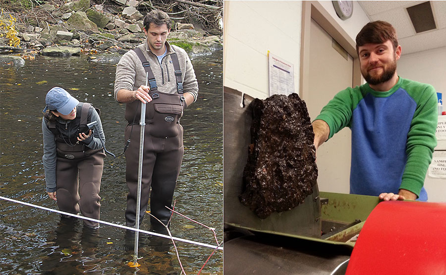 Collage of two photos, one with two students working in the water, the other with a student and a large rock