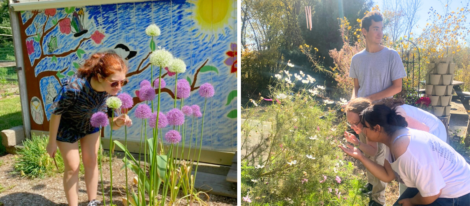 Left image has a girl smelling flowers in the Southern garden, on the right image are students and volunteers observing the flowers in the garden.