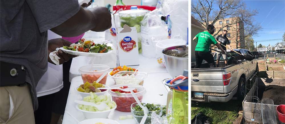 Left image has a picnic table with various foods and salad, on the right image are students and volunteers helping out their community