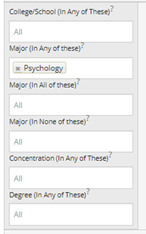 Screenshot of area of study bucket including major of psychology.