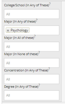 Screenshot of "Psychology" entered into the "Major (In Any of These)" area.