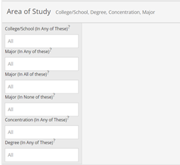 Screenshot of area of study filters.