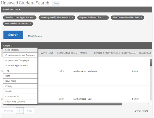 Screenshot of an advanced search showing the actions drop-down menu.