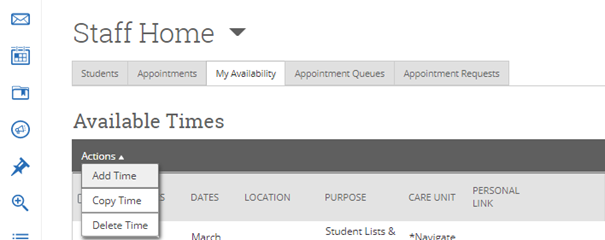 Screenshot of staff homepage my availability tab.
