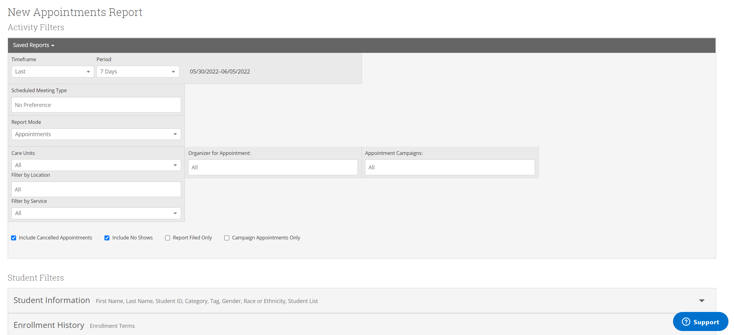 Screenshot of appointment report inputs.