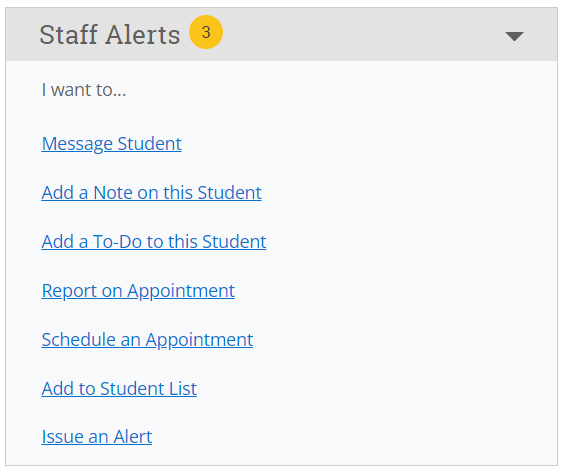 Screenshot of staff alerts menu on student profile.