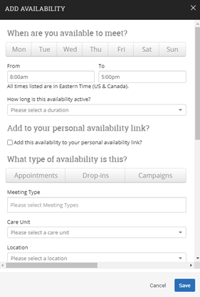 Screenshot of add availability pop-up.