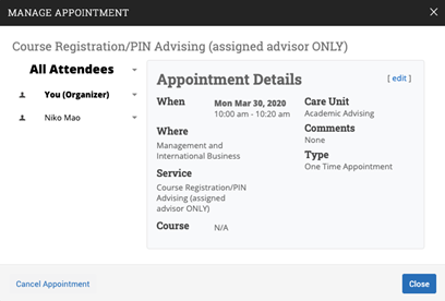 Screenshot of appointment details screen.