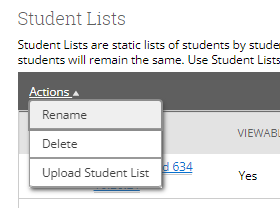 Screenshot of the actions menu list, "Rename", "Delete", "Upload Student List".