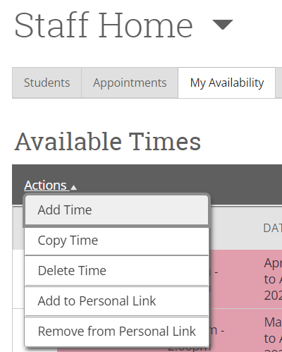 Screenshot of availability actions menu.