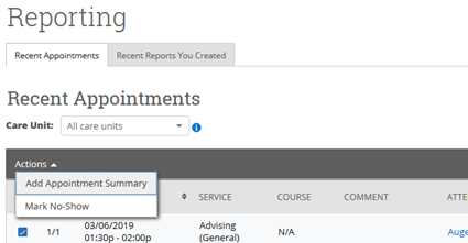 Screenshot of appointment actions menu options.
