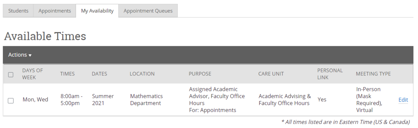 Screenshot of sample office hours availability.