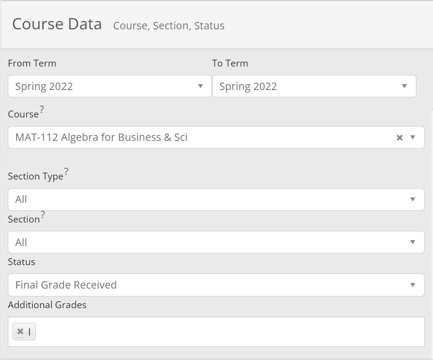 Screenshot of sample course data bucket for finding Incompletes.