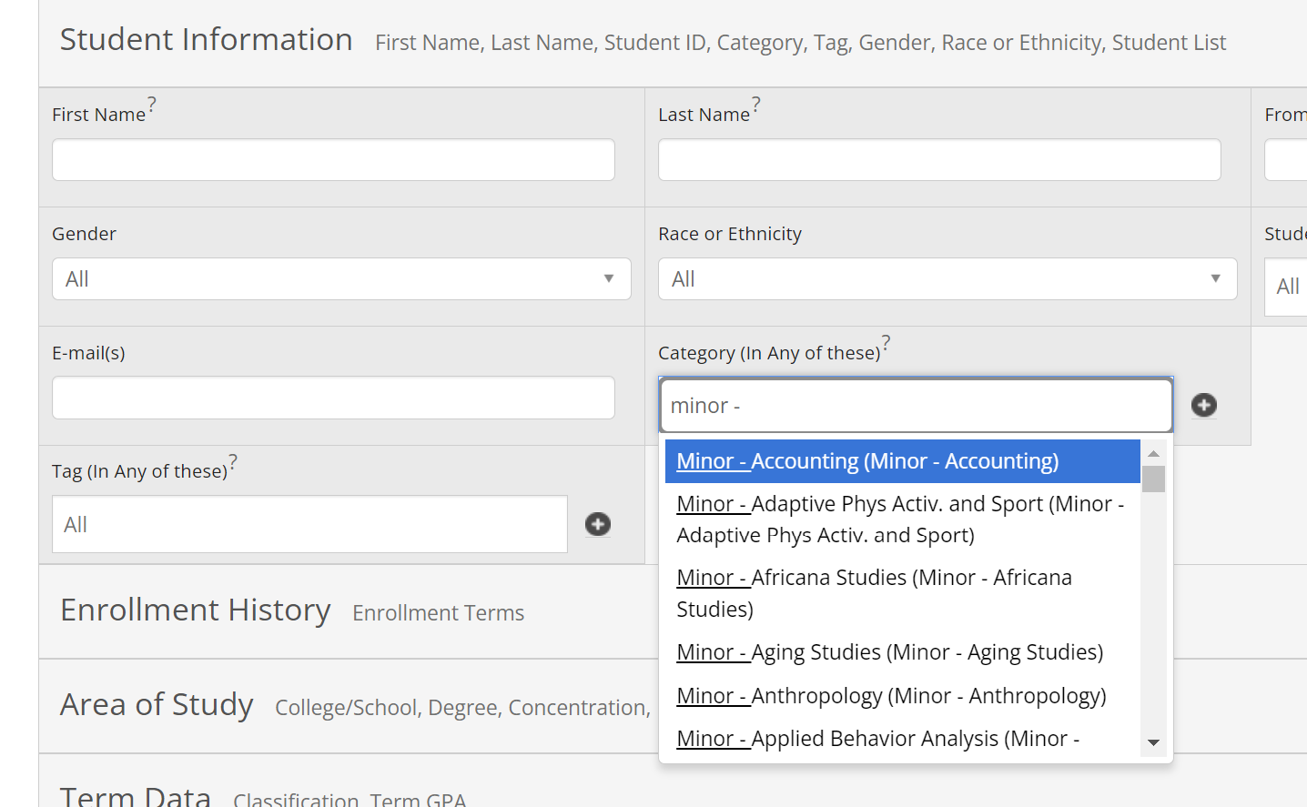 Screenshot of Navigate minors search.