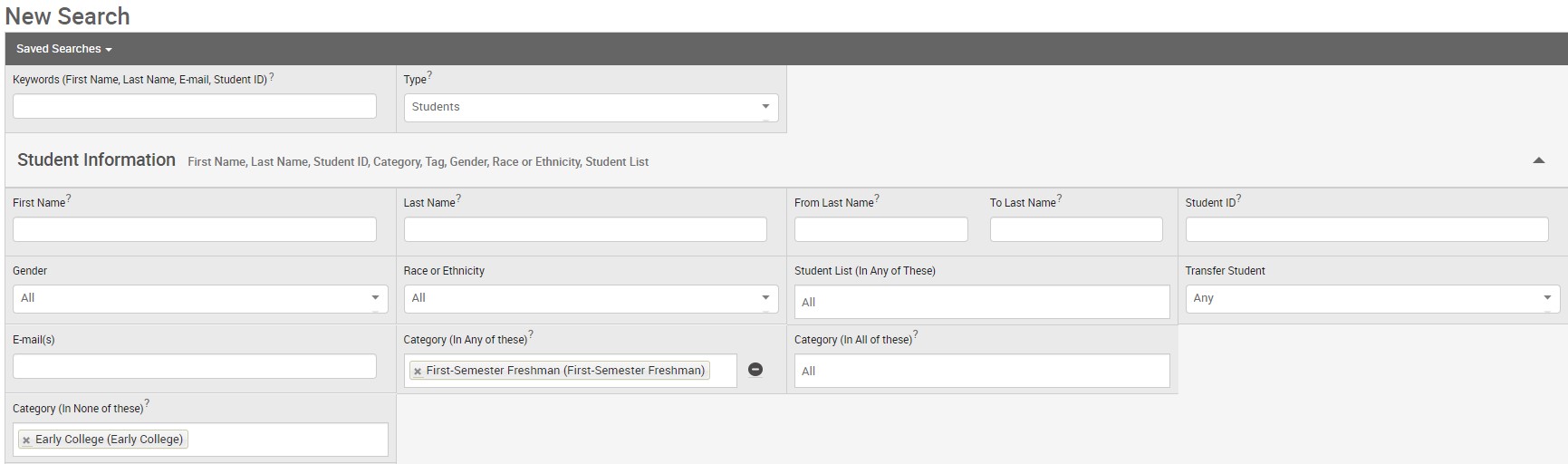 Screenshot of Navigate advanced search filter, "First-Semester Freshman".