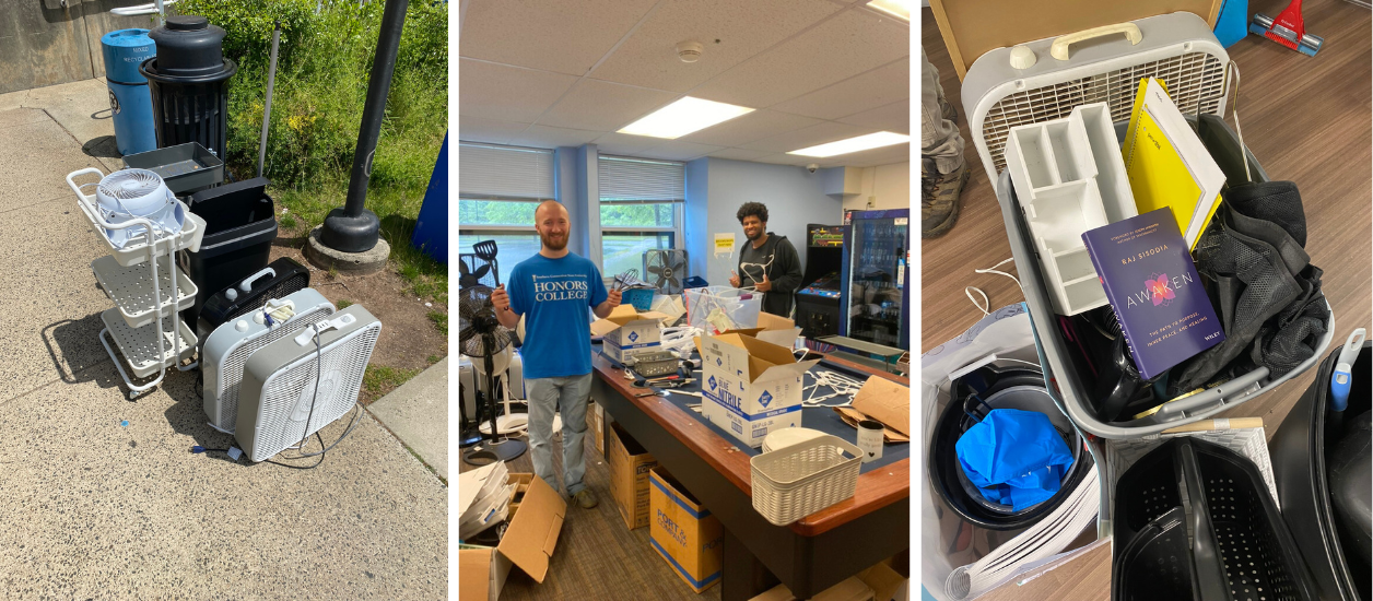 Left: a collection of utility carts and box fans outside of a student resident building. Middle: Two students putting away belongings in boxes. Right: a bun full of belongings, such as books and table organizers.