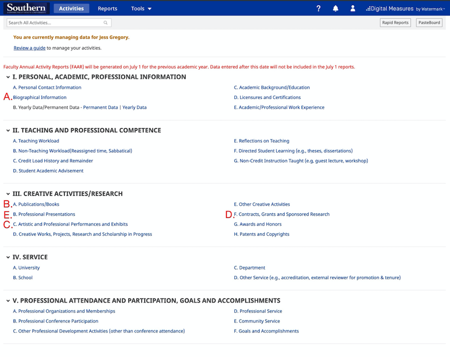 A screenshot of the Digital Measures site illustrating the step above