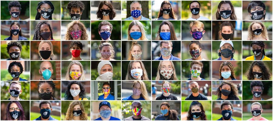 a grid of head shots of people on campus wearing face masks