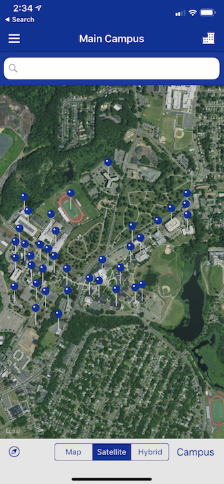 Screenshot of the SCSU Mobile App Campus Map Showing Satellite View of the SCSU Campus