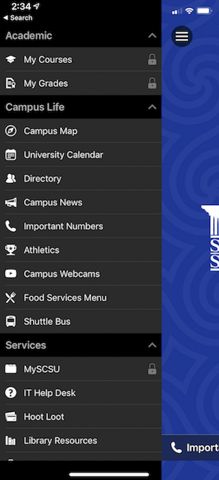 Screenshot of SCSU Mobile App Main Menu Interface
