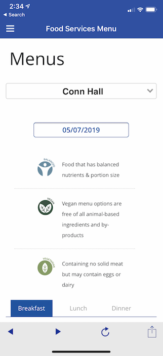 Screenshot of SCSU Mobile App Food Services View