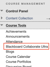 picture of the course tools menu in blackboard highlighting the Blackboard Collaborate Ultra tool name