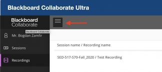 screenshot of the collaborate recording website indicating the button to open the menu with a red arrow