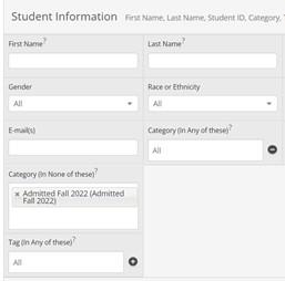 Screenshot of entering the admit term under the categories area of advanced search.