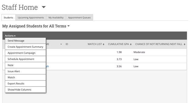 Screenshot of actions menu on Assigned Students page.