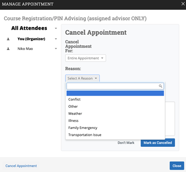 Screenshot of appointment cancellation reasons. 