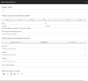 Screenshot of the add availability pop-up.
