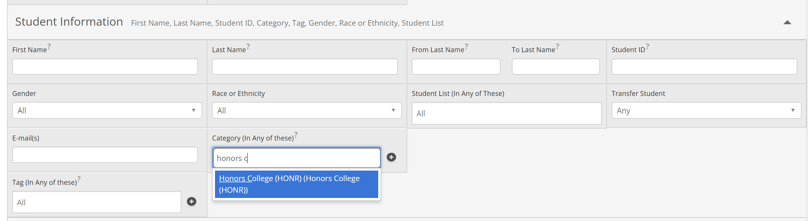 Screen shot of honors college category.