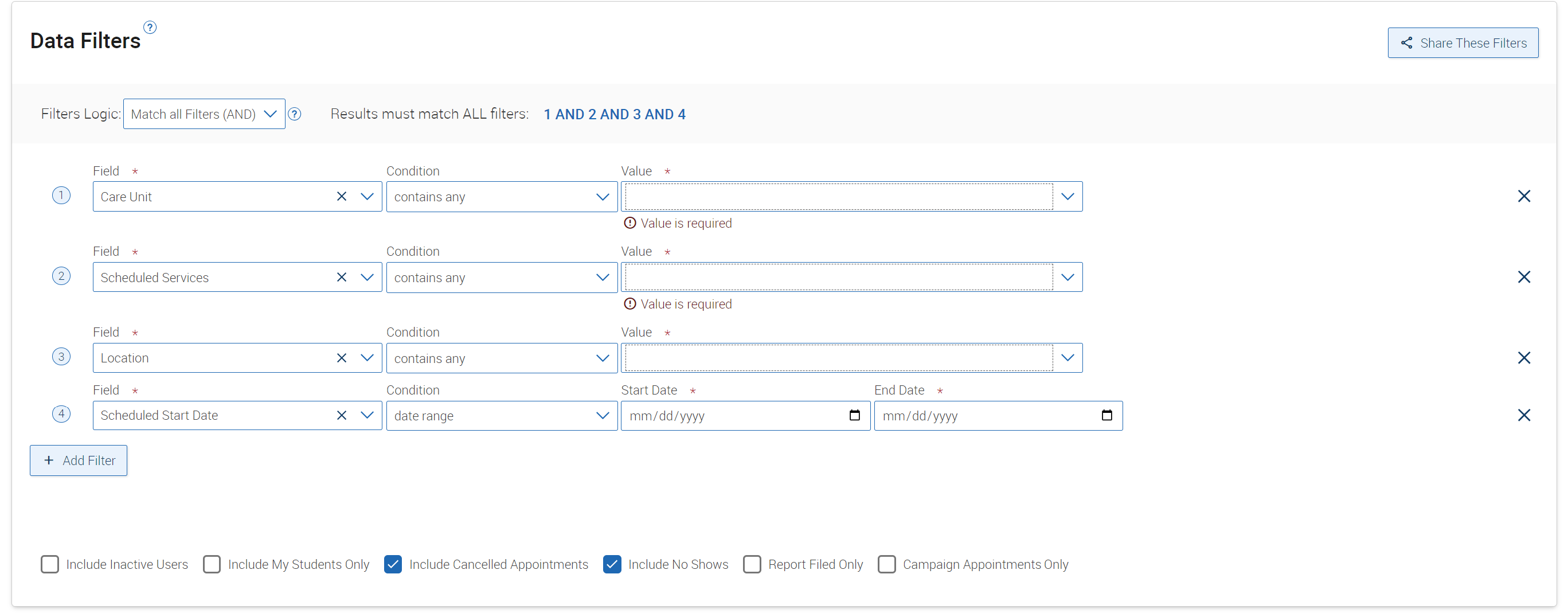 Example appointment report filters.