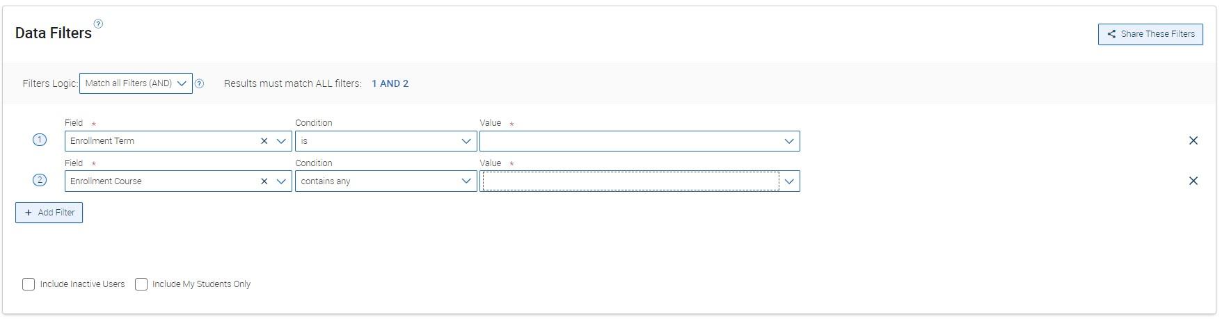 Screenshot of student enrollments report filters.