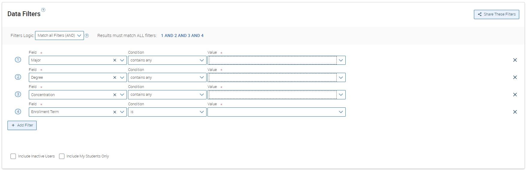 Screenshot of enrollments report filters by major.