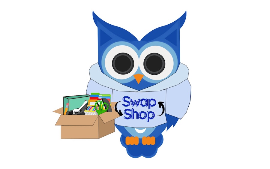 Cartoon owl wearing a shirt that says Swap Shop