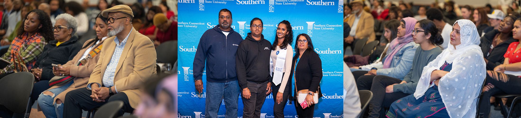 Three pictures with families and students