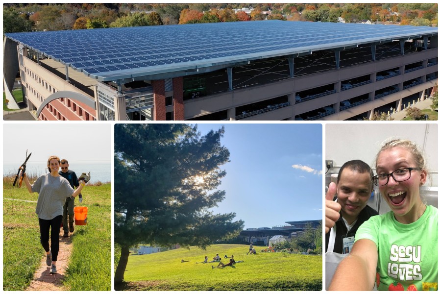 A collage starting with solar panel garage, ocean shore sustainability, a flourishing garden, and two student working together