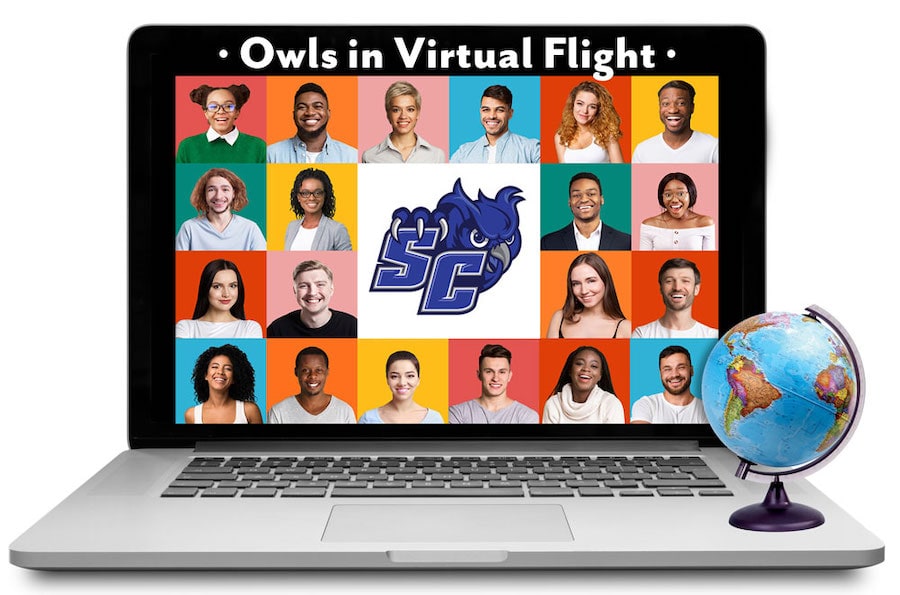 Laptop with grid of photos of headshots with the heading Owls in Virtual Flight