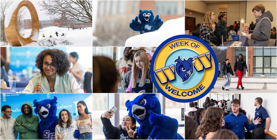 Collage of winter activities with logo that says Week of Welcome